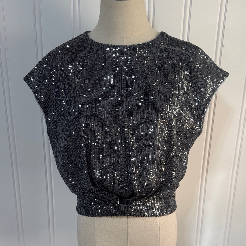 3/$40🎉🎉 LOFT Silver Sequin Knot Cap Sleeve Lined Blouse size S